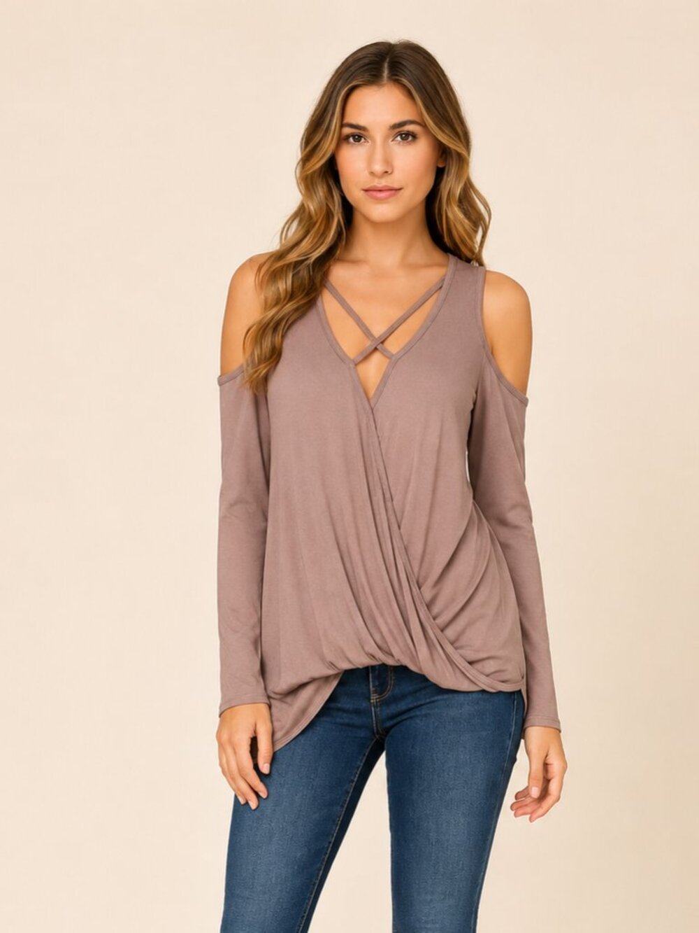 A013 • Lavender Cold Shoulder Crisscross Drape Top